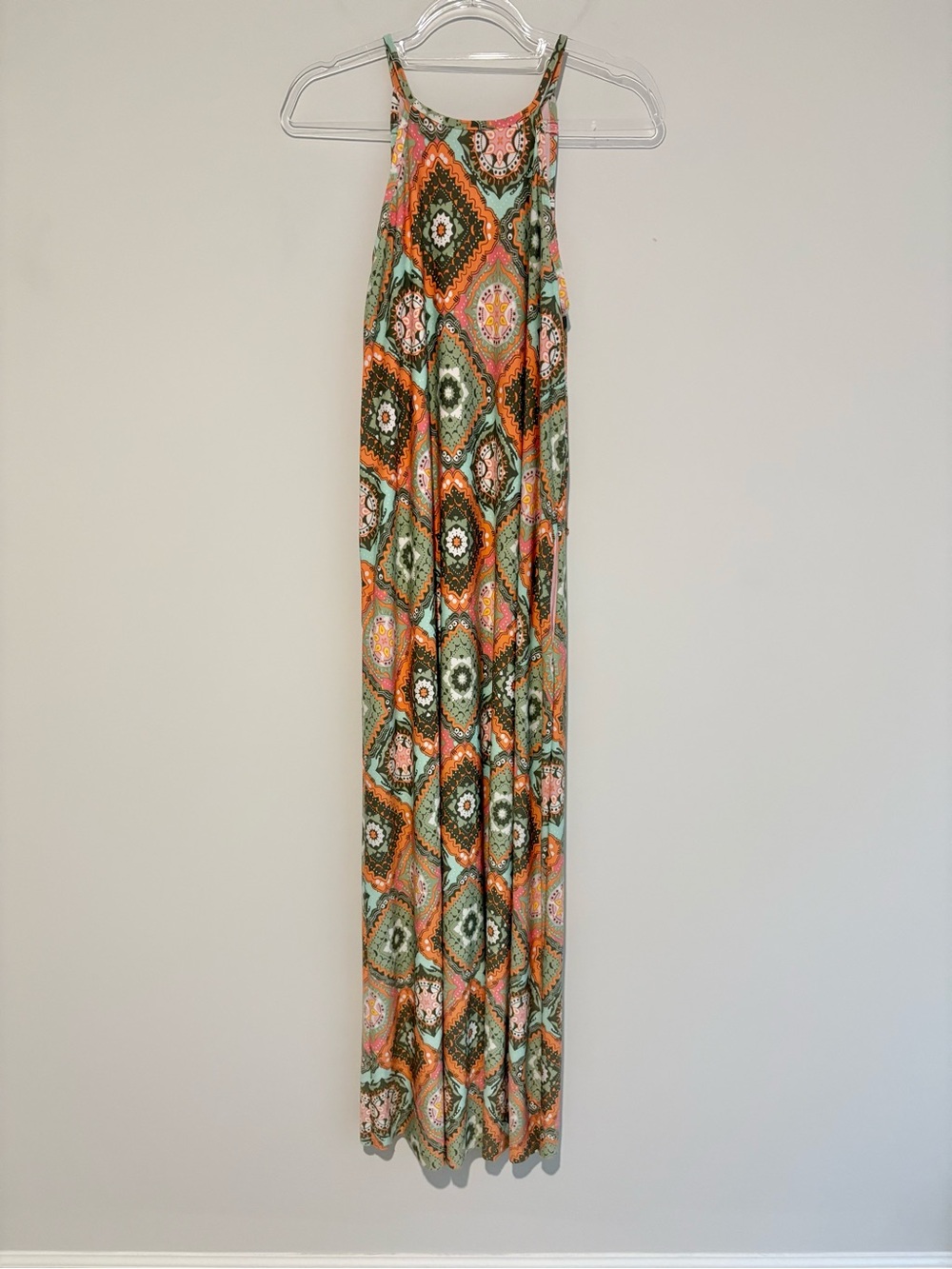 Cato Geometric Aztec patchwork quilted maxi halter dress orange green small